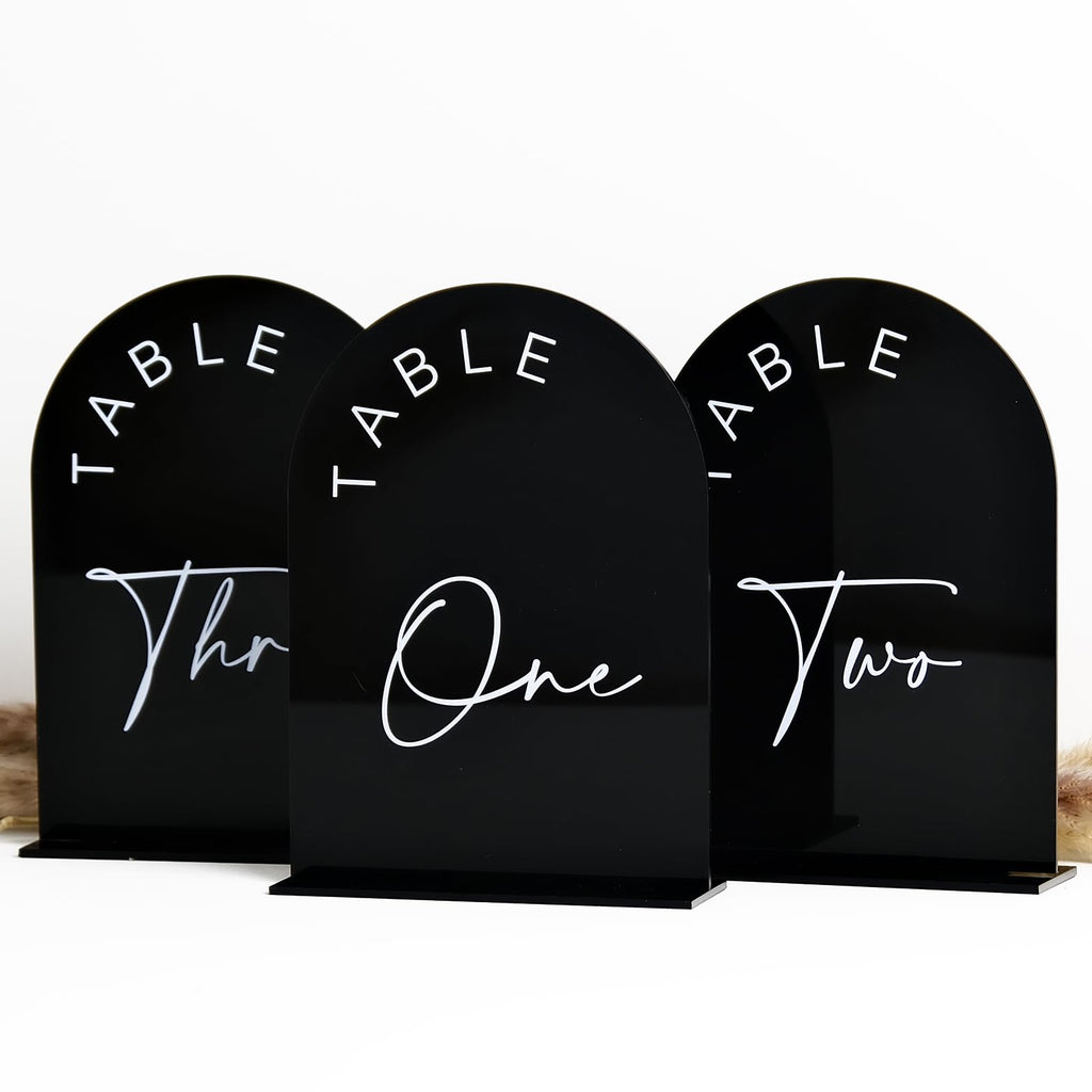 Black Arched Wedding Table Numbers 1-10 with Stands, 5x7 Inch Black Arch Acrylic Sign with Gold Letters, Acrylic Table Numbers for Wedding Reception