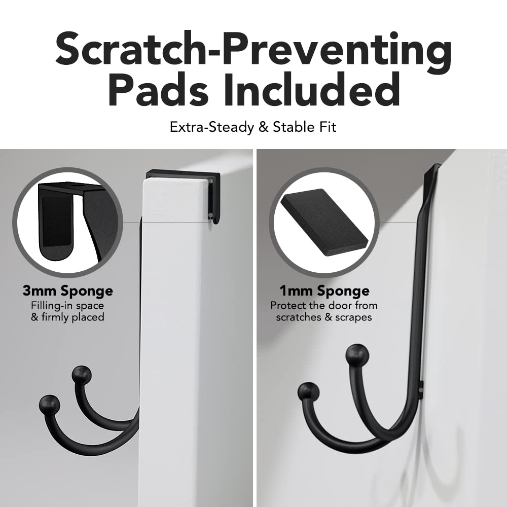 2-Pack Over The Door Hooks - with 2 Hang Heads & Snug Fit Pads Heavy Duty Hook for Hanging Coats, Towels, Caps & Robes - Elegant Matt Finish - No Drill Hanger Organizer - Black