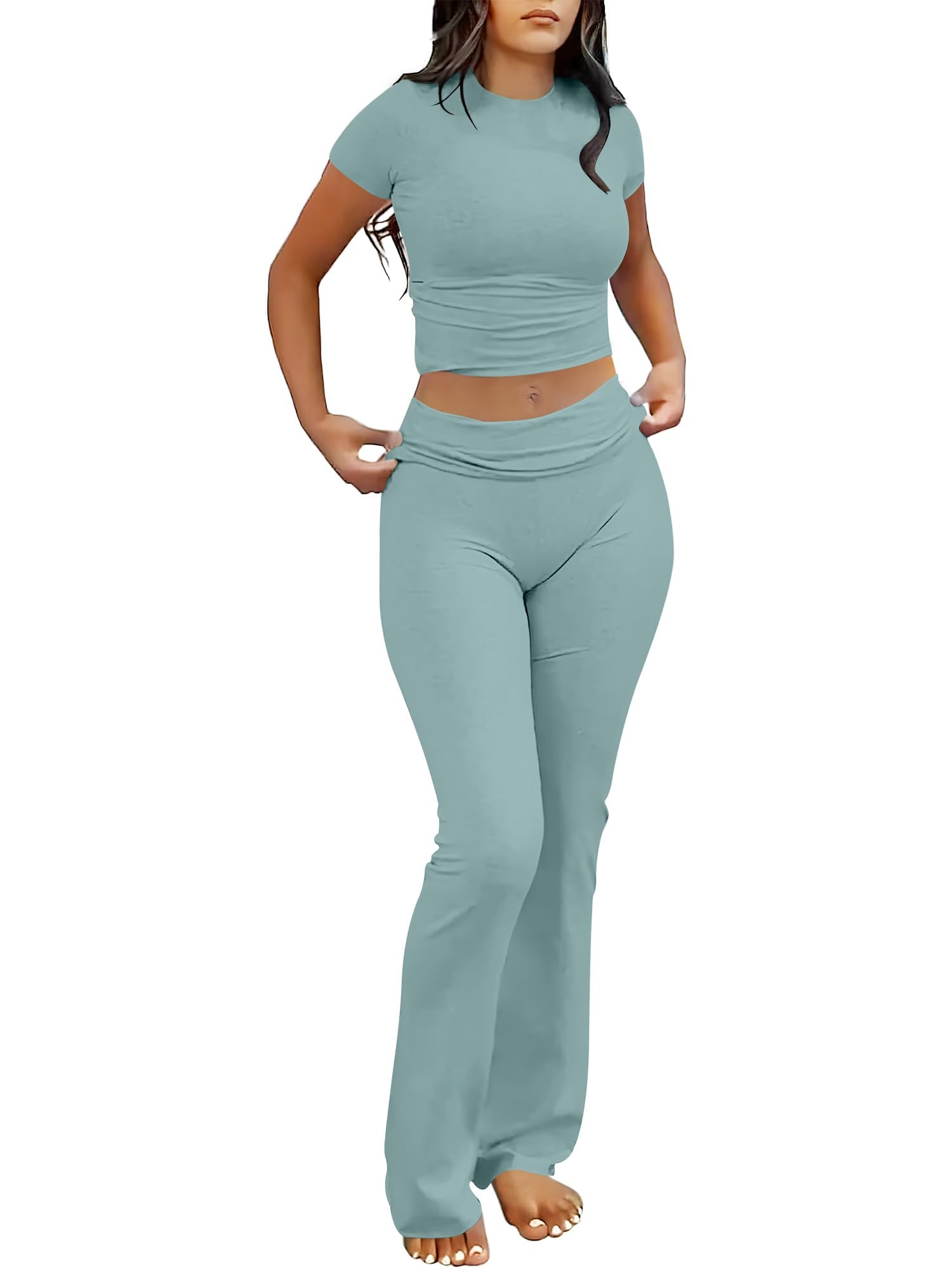 ANRABESS 2 Piece Lounge sets for Women | Soft Comfy Stretchy, Crop Top & Foldover Flare Leggings, Yoga Workout Matching Outfits, Trendy Y2k, Summer Wear Fall Layer