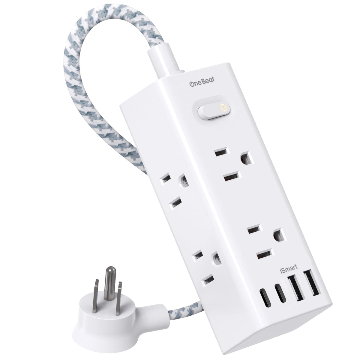 One Beat Short Extension Cord 1Ft, Flat Plug Power Strip Surge Protector - 6 Widely Outlets with 4 USB Ports (2 USB C), Wall Mount Small Power Strip for Travel, Home Office College Dorm Essentials