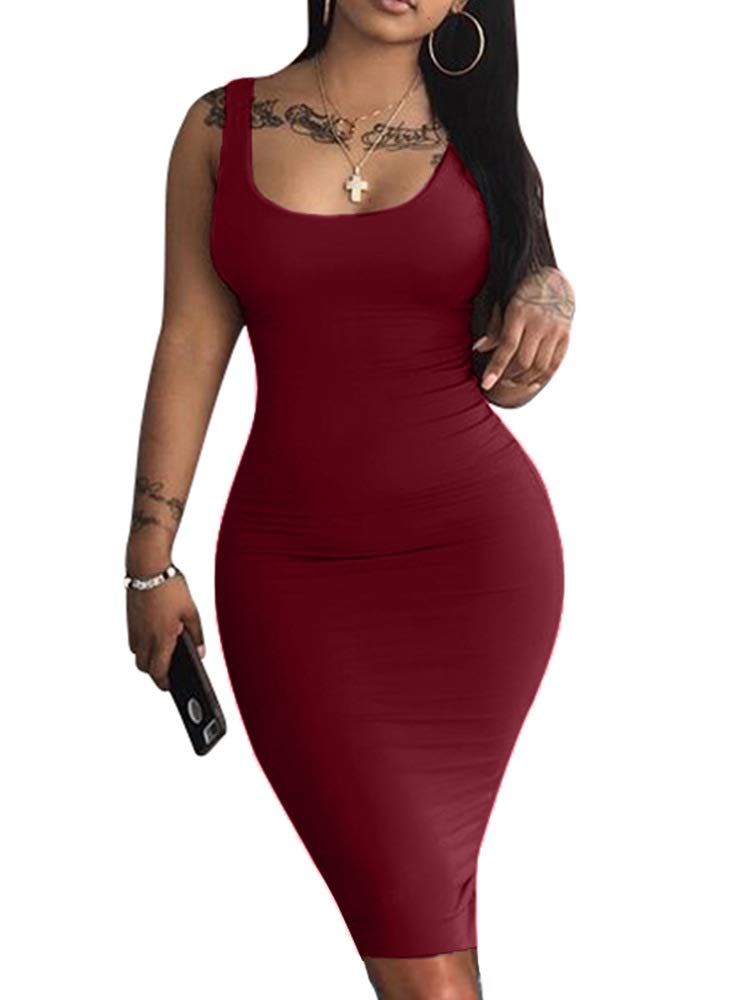 LAGSHIAN Women's Sexy Bodycon Tank Dress Sleeveless Basic Midi Club Dresses