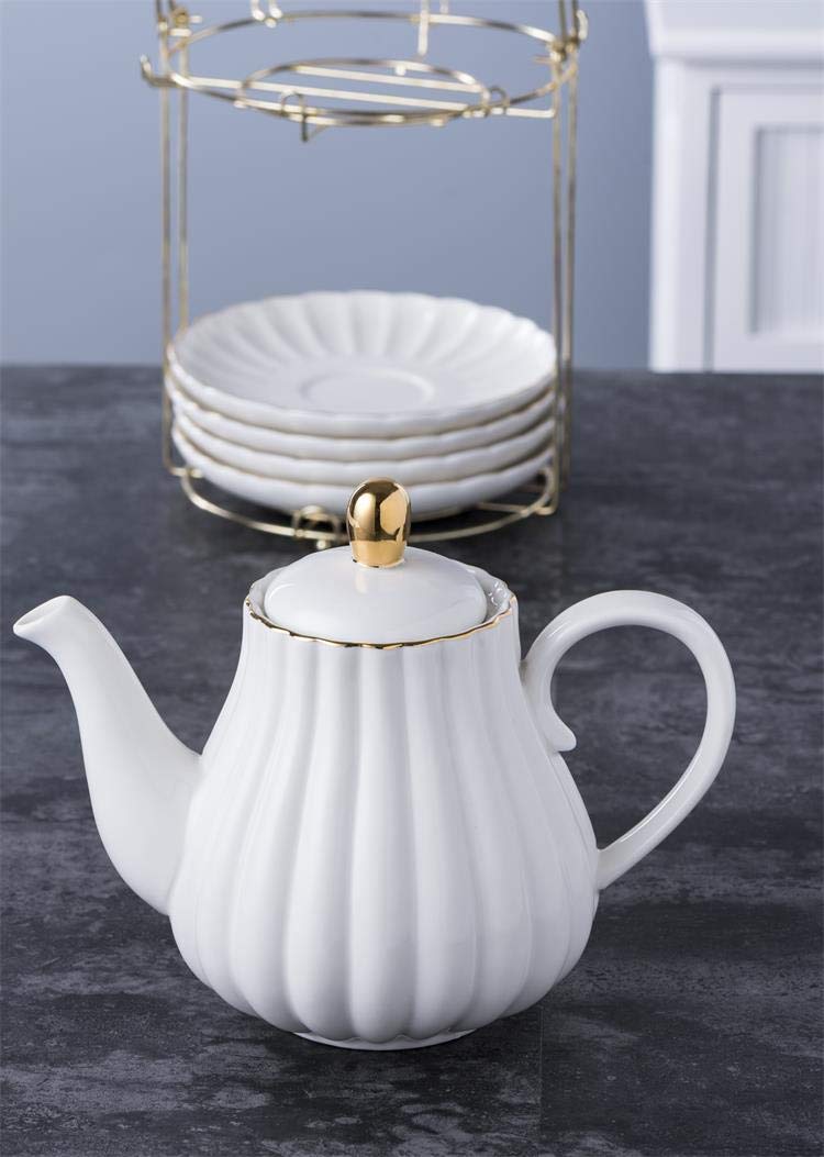 Jusalpha Serve for 6- Fine China Pink Coffee Cup/Teacup Set, 8 OZ Cups& Saucer, with Teapot-Sugar Bowl-Cream Pitcher Teaspoons and tea strainer for Tea/Coffee (Lavender, Serve of 6)