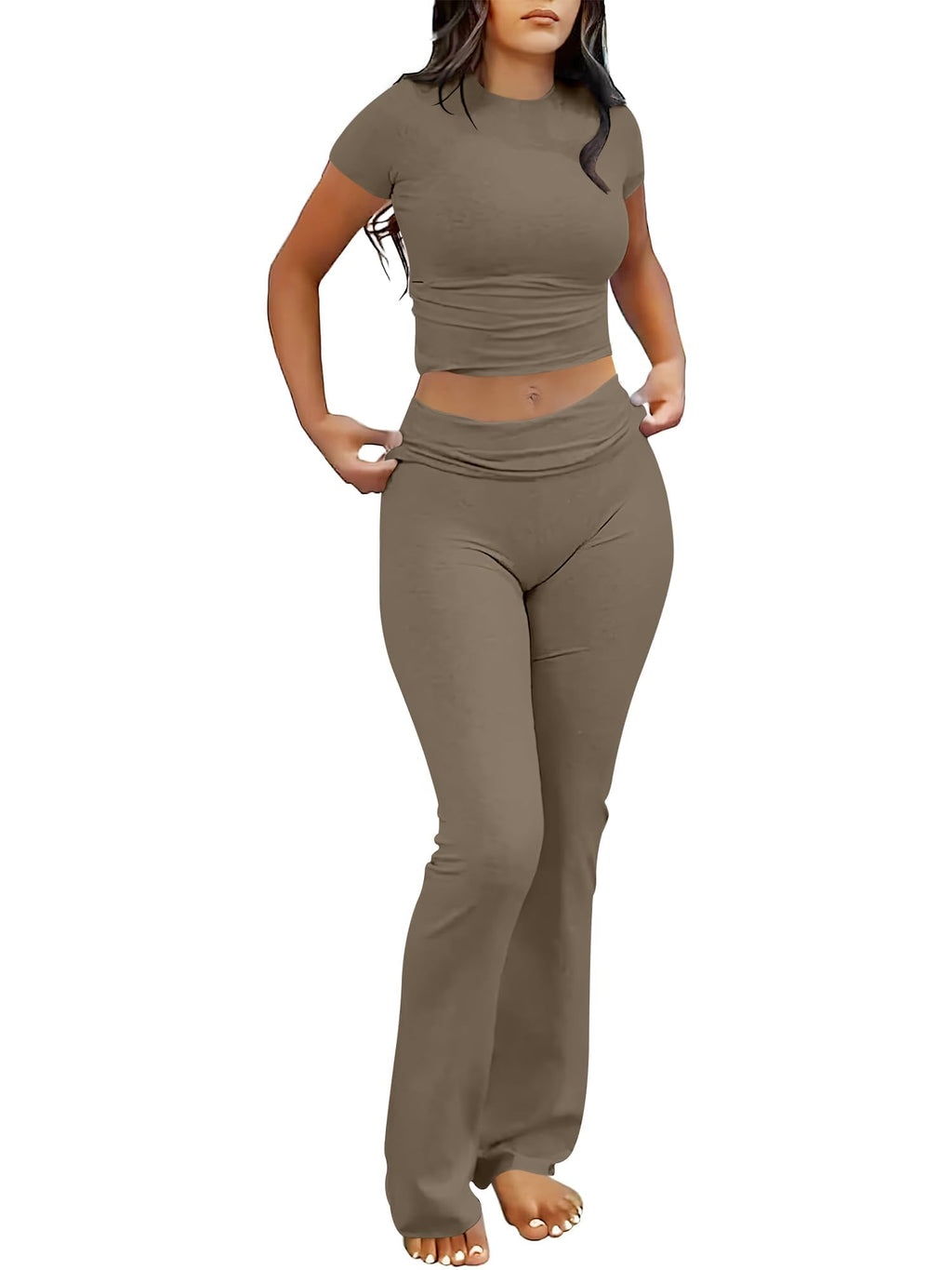 ANRABESS 2 Piece Lounge sets for Women | Soft Comfy Stretchy, Crop Top & Foldover Flare Leggings, Yoga Workout Matching Outfits, Trendy Y2k, Summer Wear Fall Layer