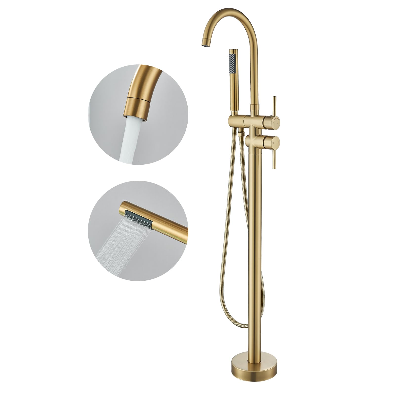 Brushed Gold Freestanding Bathtub Faucet with Hand Shower Tub Filler Faucet Floor Mounted High Flow Single Handle Bath Filler Solid Brass