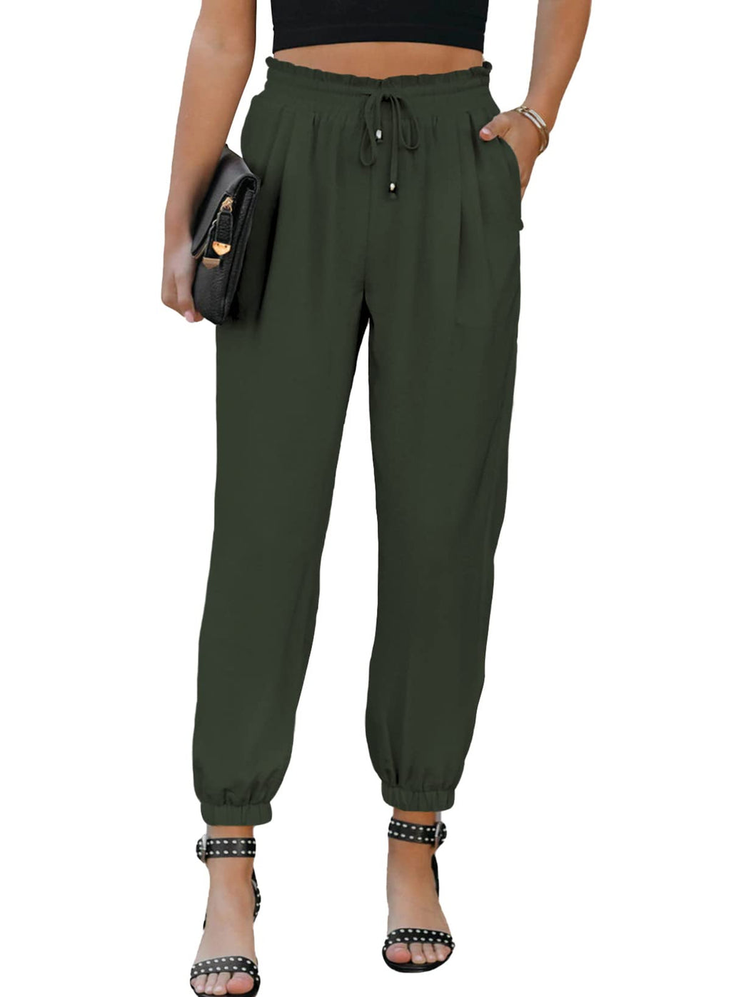EVALESS Womens 2026 Summer Casual Pants Drawstring Elastic High Waisted Work Trousers Joggers Trendy Harem Pants with Pockets
