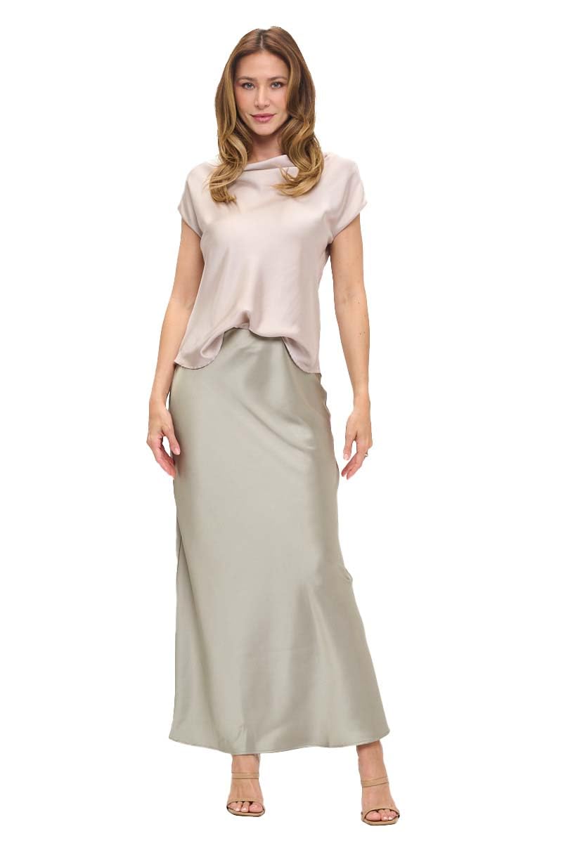Women's Solid Satin High Waist Midi Long Skirt Hidden Elastic Waistband Skirt for Women-Made in USA