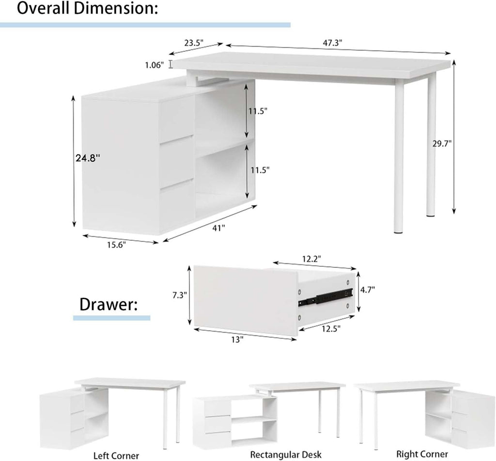 Bobve L Shaped Computer Desk, 47 Inch Home Office Desk with File Drawers & Storage Shelves, Small Corner Computer Desk for Small Space (Black + White)