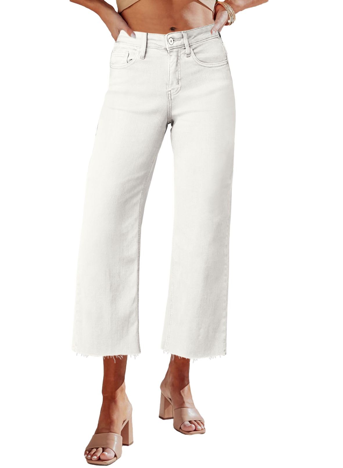 Allimy Women's High Waisted Straight Ankle Wide Leg Ripped Jeans Frayed Hem Stretchy Capri Denim Pants