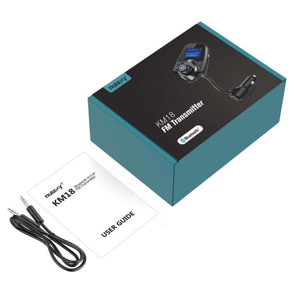 Nulaxy KM18 Bluetooth 5.4 Car Adapter with 1.44" Clear Display & Flexible Gooseneck - FM Radio Transmitter & Bluetooth Receiver for Hands-Free Calls, Wireless Music via BT/FM/AUX/TF, USB Car Charger