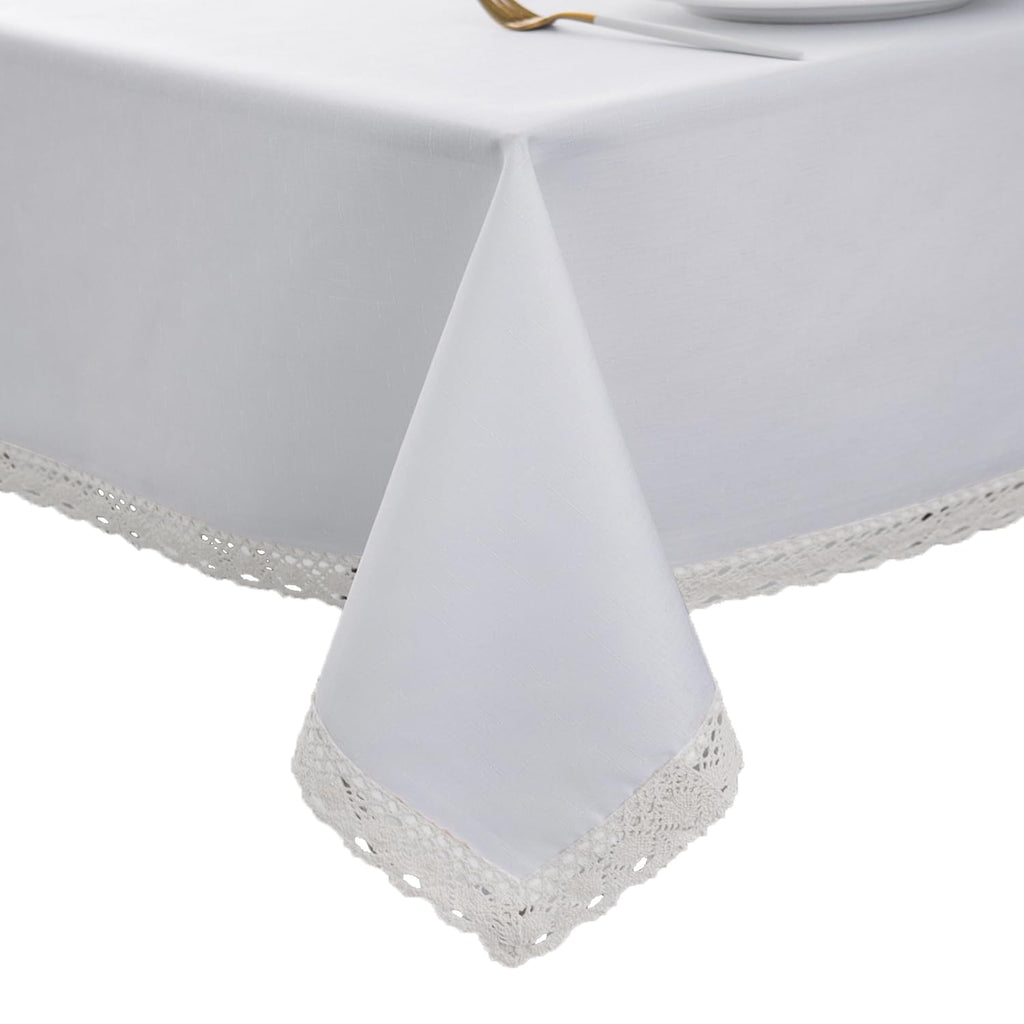EHouseHome Faux Linen Tablecloth with Lace Trim - Waterproof/Spill Proof/Stain Resistant/Wrinkle Free/Oil Proof - for Banquet, Parties,Dinner,Kitchen,Wedding,Holiday,Blue Fog,Square 52X52Inch