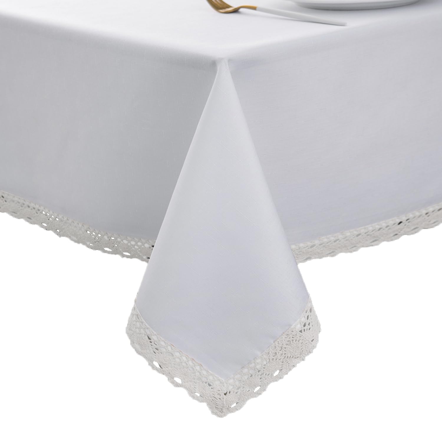 EHouseHome Faux Linen Tablecloth with Lace Trim - Waterproof/Spill Proof/Stain Resistant/Wrinkle Free/Oil Proof - for Banquet, Parties,Dinner,Kitchen,Wedding,Holiday,Blue Fog,Square 52X52Inch