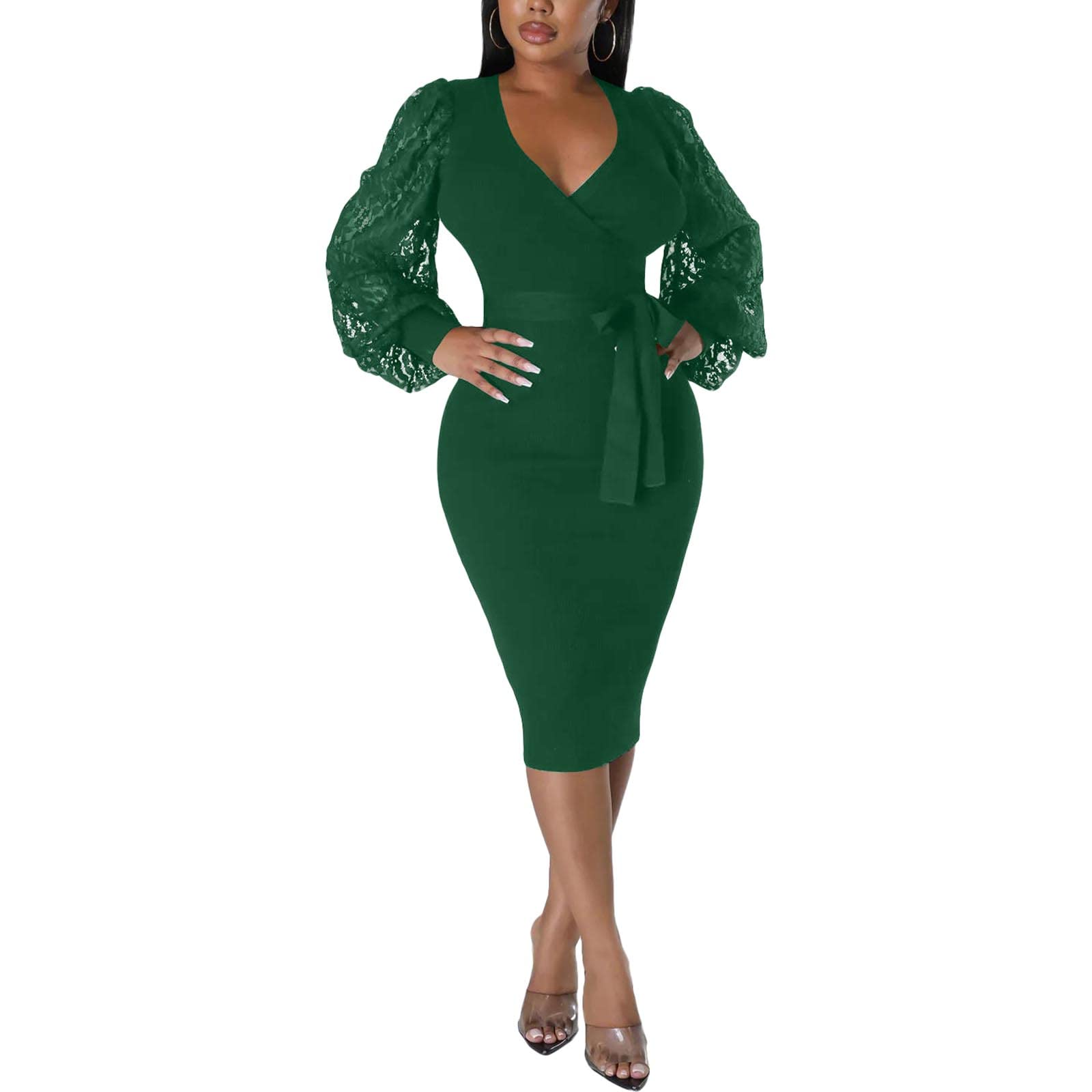 BOGURST Semi Formal Church Dresses for Women Bishop Sleeve Sexy V Neck Bodycon Midi Dresses