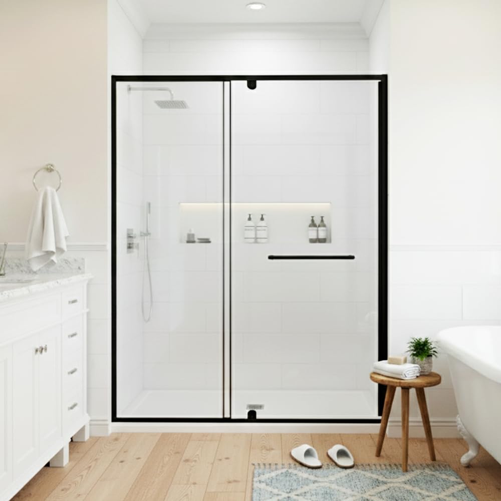 28” x 72” Pivot Shower Door, 1/4 inch Tempered Glass Panel Pivot Swing Shower Door in Matte Black Finish, Semi-Frameless Design
