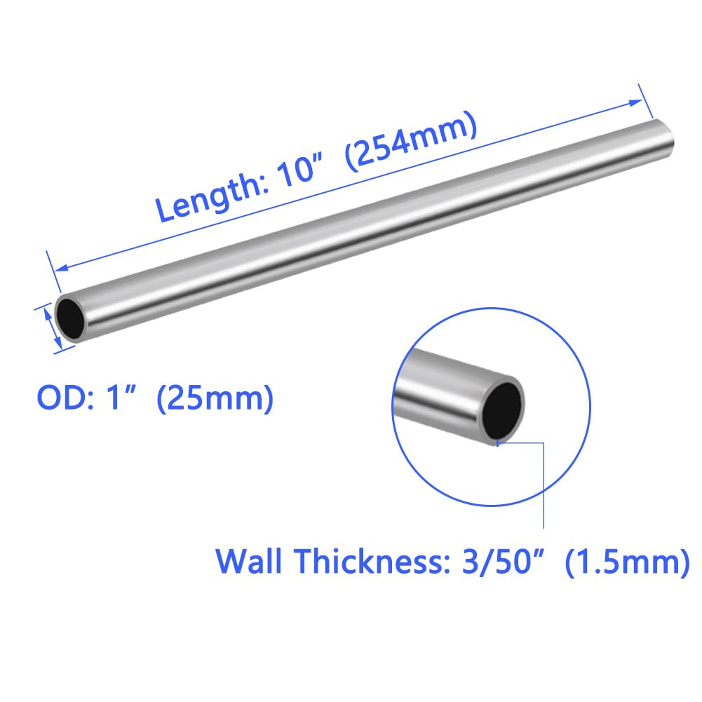 1" OD 304 Stainless Steel Tube, Thickened Pipe Wall & Weldable Tubing, Round Metal Pipe Industrial Straight Tube 10 inch Length (2 Pcs)