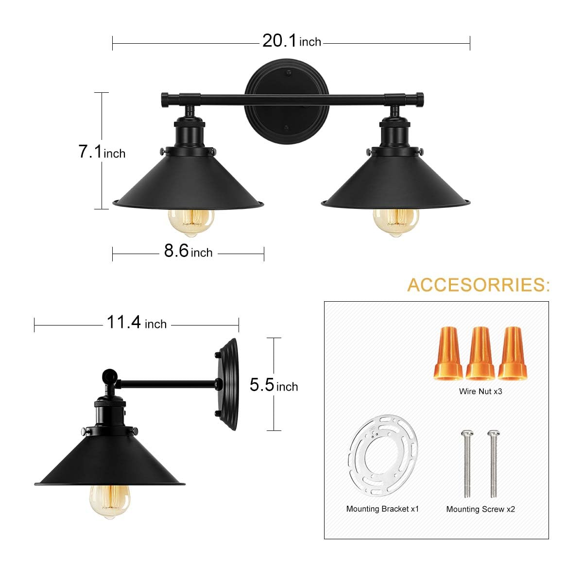 Black Bathroom Light Fixture 2-Light Matte Black Farmhouse Vanity Lights for Bathroom Light Fixtures, 20" Rustic Industrial Wall Sconce Vanity Lighting Fixtures over Mirror Kitchen Cabin Workshop Cafe