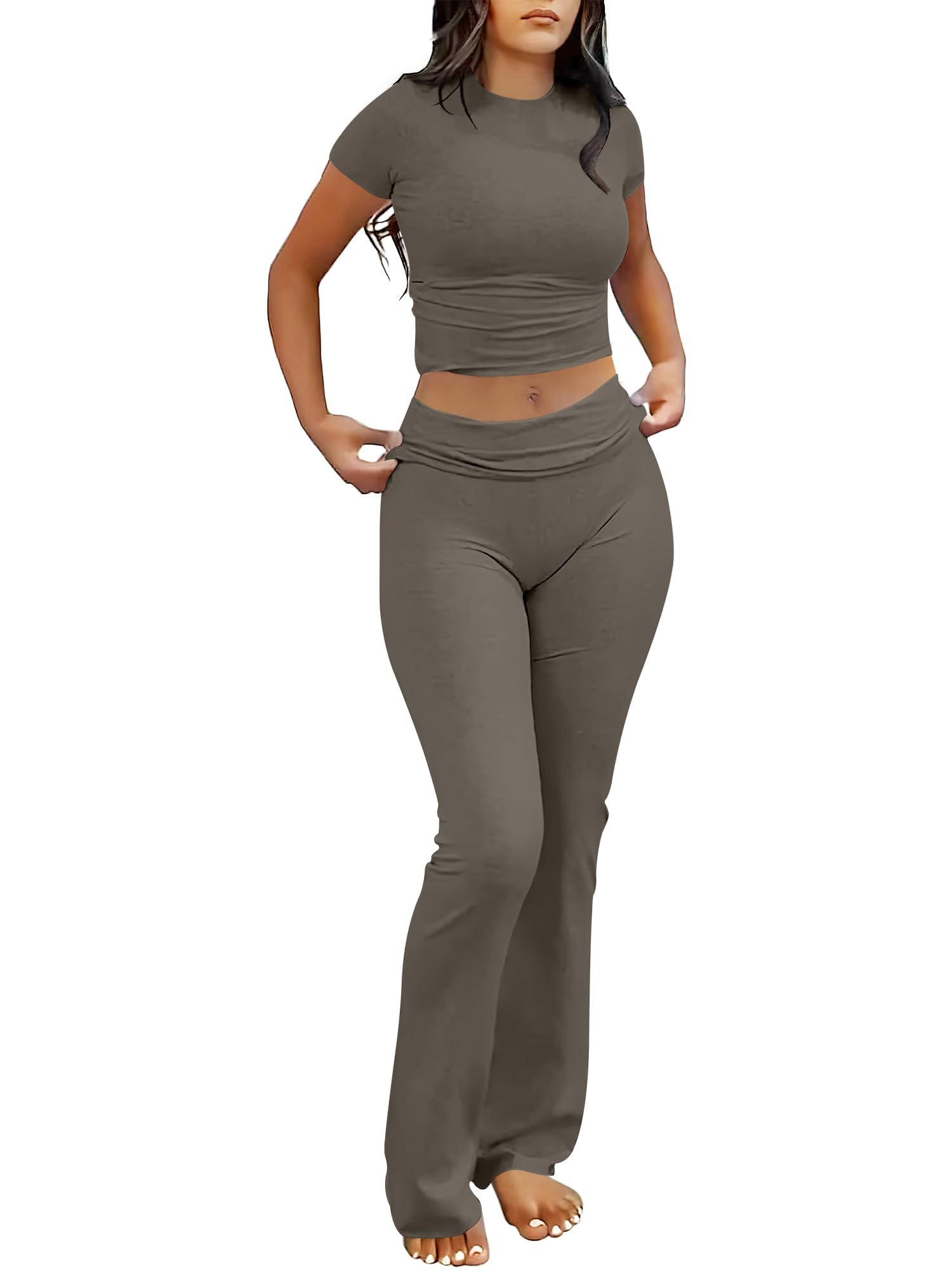 ANRABESS 2 Piece Lounge sets for Women | Soft Comfy Stretchy, Crop Top & Foldover Flare Leggings, Yoga Workout Matching Outfits, Trendy Y2k, Summer Wear Fall Layer