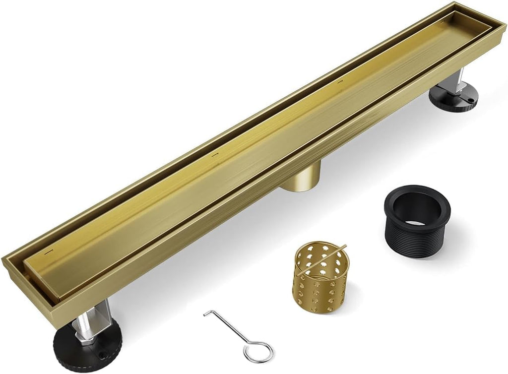 6 Inch Gold Shower Drain, Modern 2-in-1 Tiled Shower Drain - 304 Stainless Steel Square Shower Floor Drain for Bathroom, Brushed Gold Drain Shower with Tile Insert Grate Removable, Hair Strainer