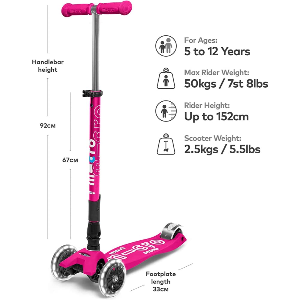 Micro Kickboard | Maxi Foldable LED Kids Scooter for Ages 5-12 | Children up to 110 lbs | 3 Wheel Lean-to-Steer Design | Adjustable T Bar | Smooth Ride, Motion Activated PU LED Wheels | Swiss Design