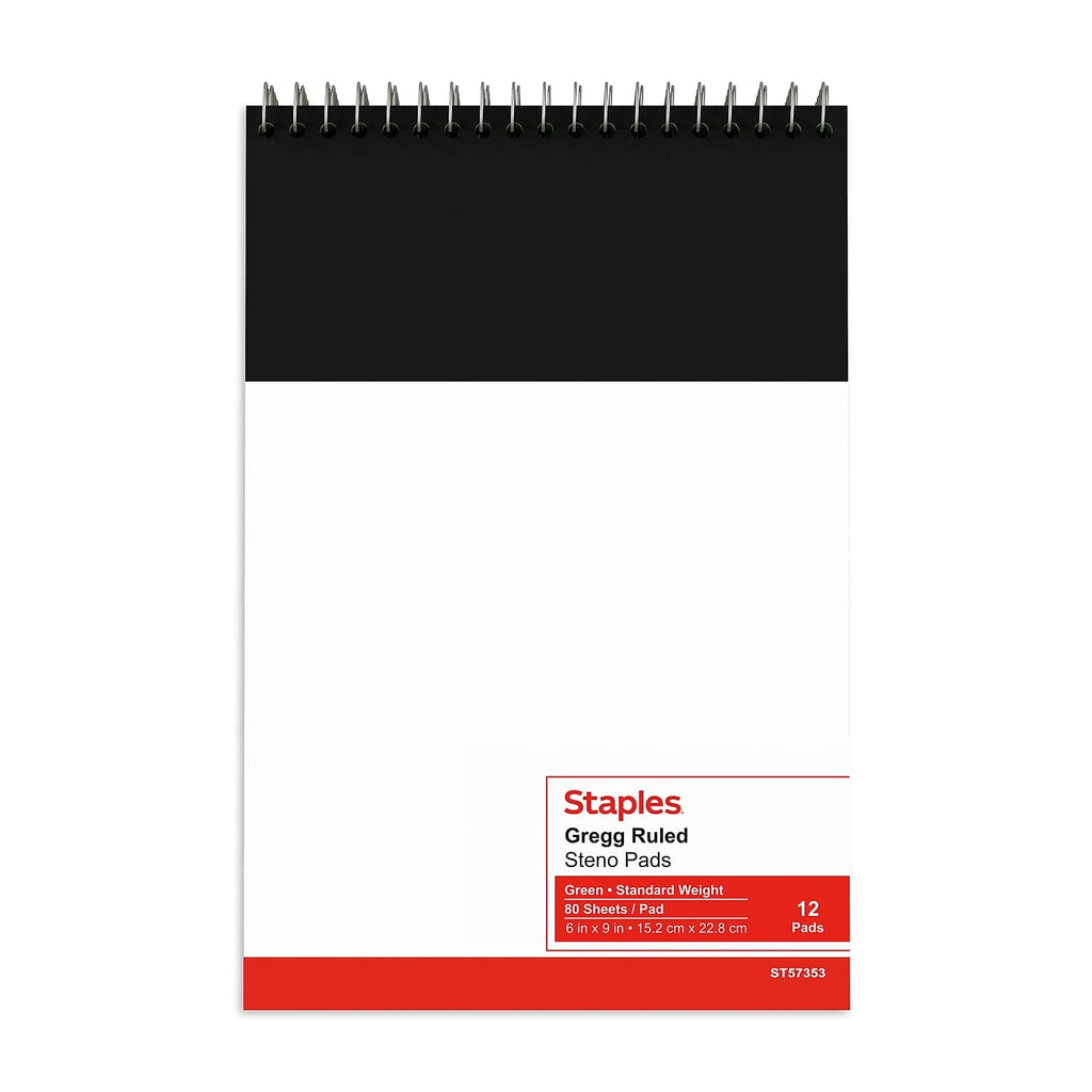 STAPLES Steno Pads, 6” x 9”, Gregg Ruled, Green Paper, 12‑Pack