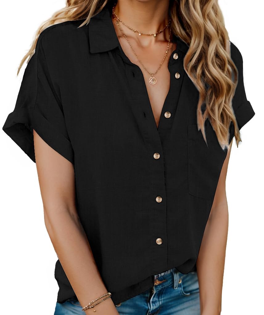 HOTOUCH Linen Shirts for Women Button Down Short Sleeve Tops Cotton Blouses Collared Button-up Beach Vacation Outfits