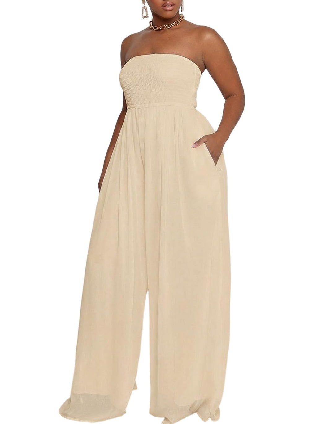 Ophestin Women's Strapless Tube Wide Leg Jumpsuits Smocked Women Jumpsuits Dressy Casual Flowy One Piece Jumpsuits Rompers