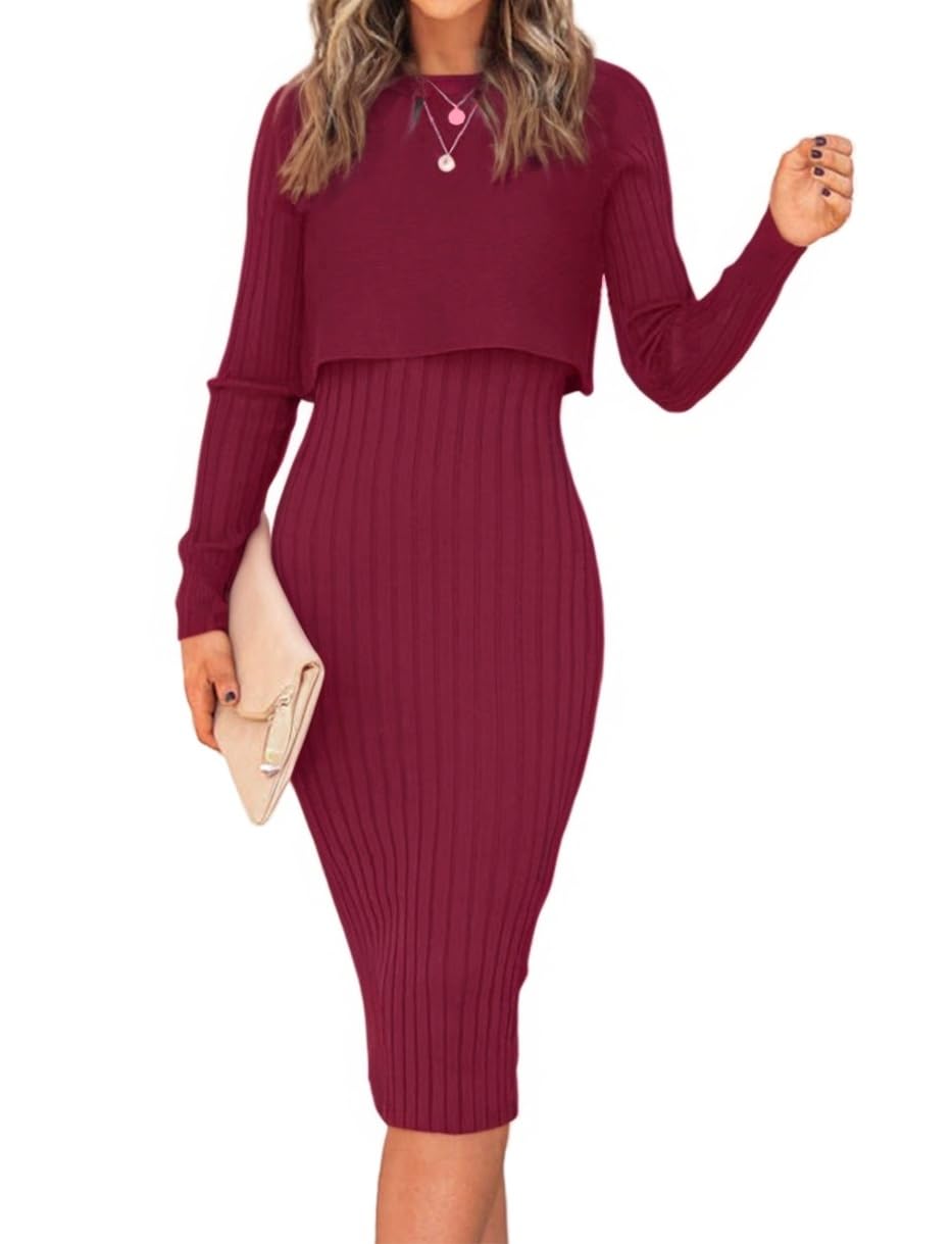 Ezbelle Women's Long Sleeve Sweater Dresses 2 Piece Outfits Sets Ribbed Knit Crop Tops and Tank Bodycon Midi Dress