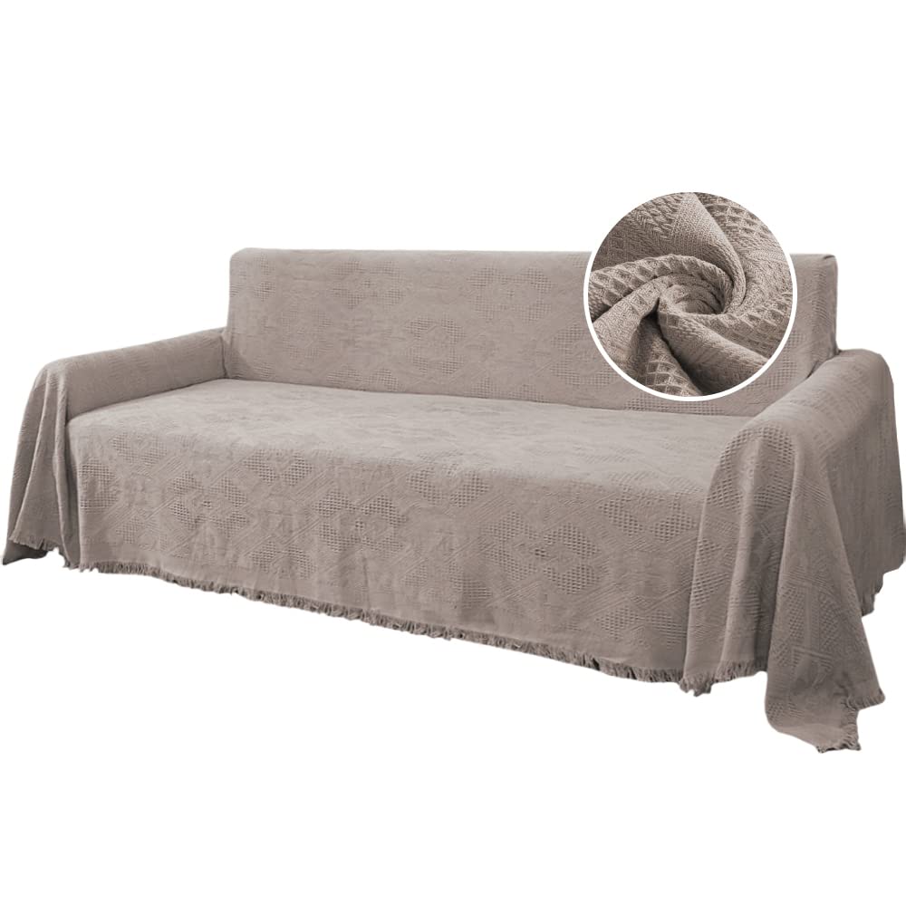H.VERSAILTEX Cotton Sofa Covers Couch Cover Sofa Slipcover for Most Shape Sofas, Feature Thick Woven Jacquard Seamless with Tassels, Multi-Use Decorative for Couch (Medium: 71" x 91", Green)