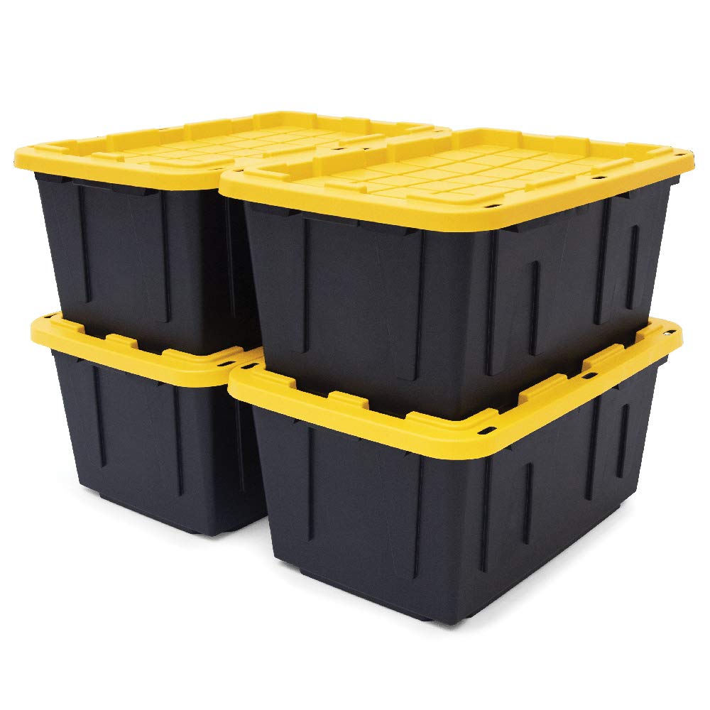 CX Black & YELLOW, Shelving Unit and Heavy Duty Storage Containers, Extremely Durable (Shelf + 27 Gallon Container (4-Pack))