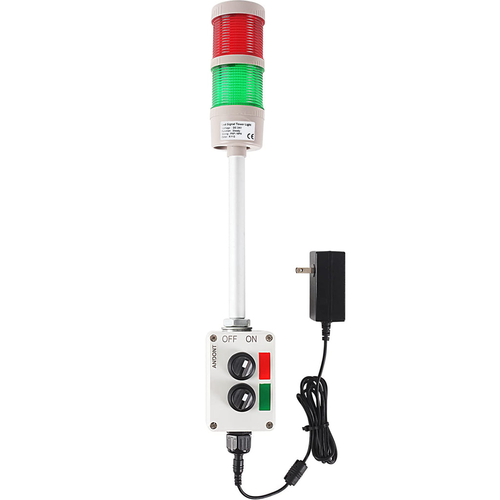 2-Stack LED Andon Tower Light with Buzzer | Industrial Warning Signal, Red/Green,On/Off or Flash, ABB Switch, Mean Well 120V-24V Adapter, Plug-and-Play