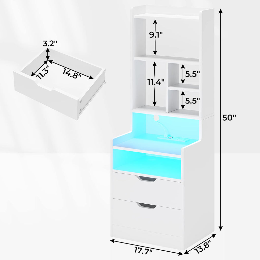 BTHFST Tall Nightstand with LED Lights and Charging Station, LED Black Nightstand with Shelves and 2 Drawers, Bedside Table with Bookshelf, Tall Side End Table with Storage