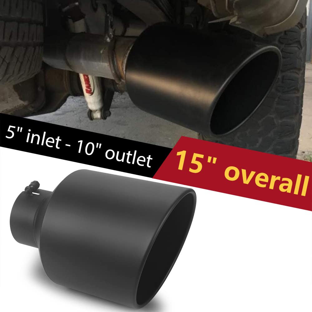 LCGP 5" Inlet Exhaust Tip, 6" Outlet 15" Long Bolt On Stainless Steel Diesel Exhaust Tailpipe Black