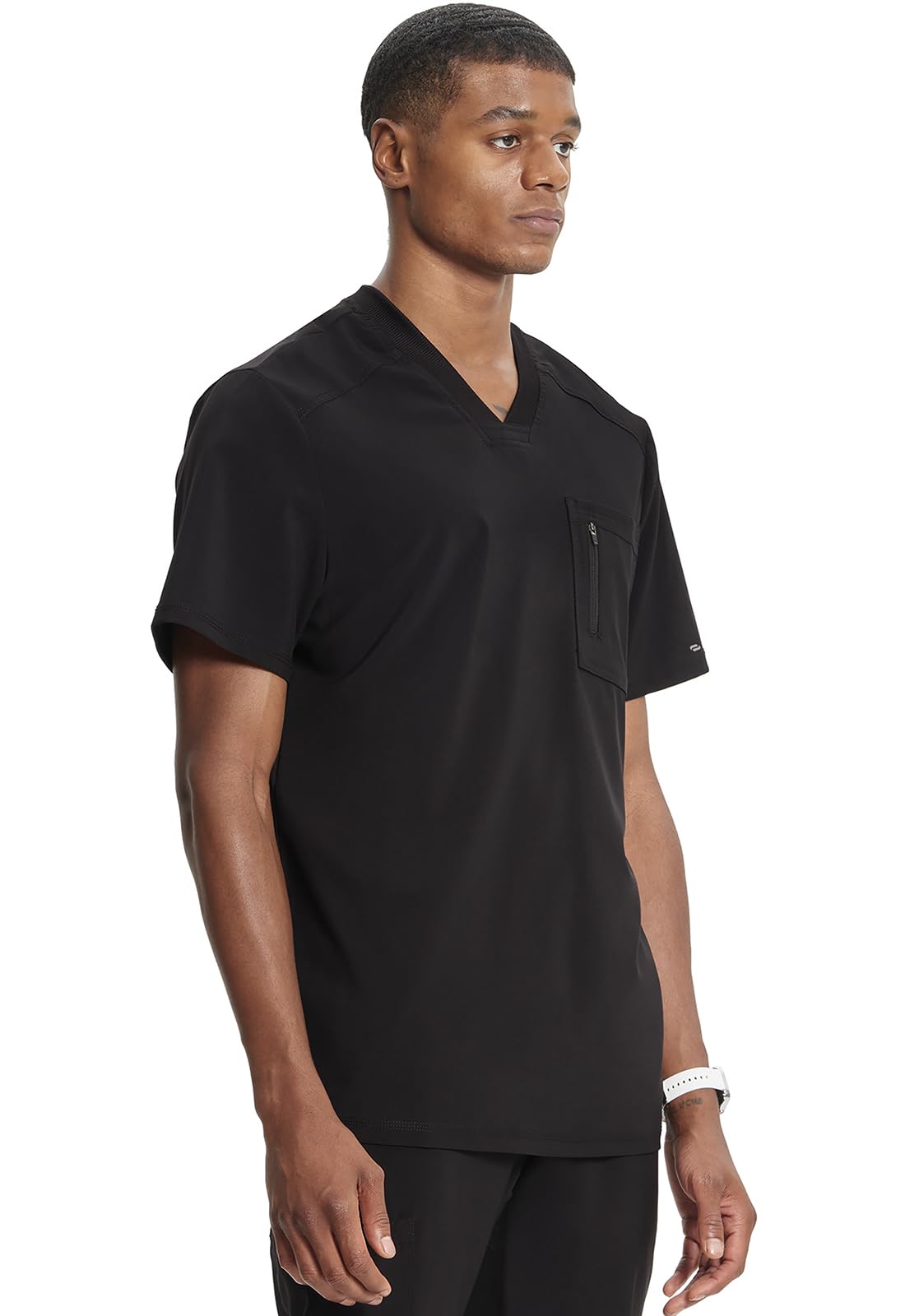 Cherokee Infinity Mens Tuckable V-Neck Scrub Top Modern Fit, 2 Pockets, Zip Chest Pocket, Rib-Knit, 360° Stretch – CK910A