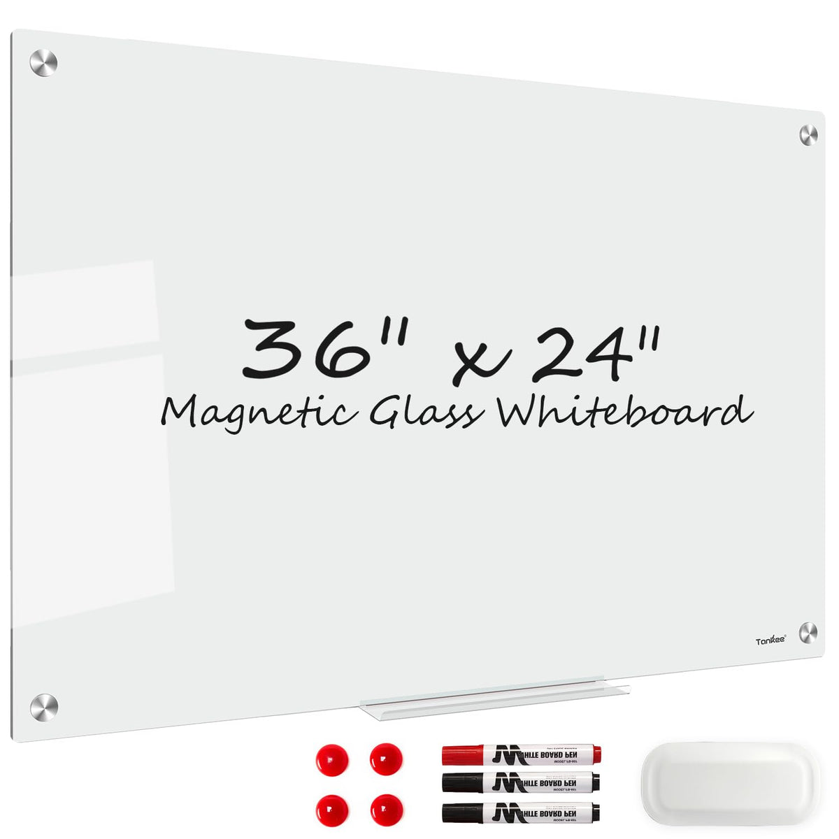 Dry Erase Board Black Magnetic Glass Whiteboard, TANKEE Modern Large Frameless Tempered Glass White Board for Wall, Office, School, Home, 36” x 24”, 3' x 2' White Board