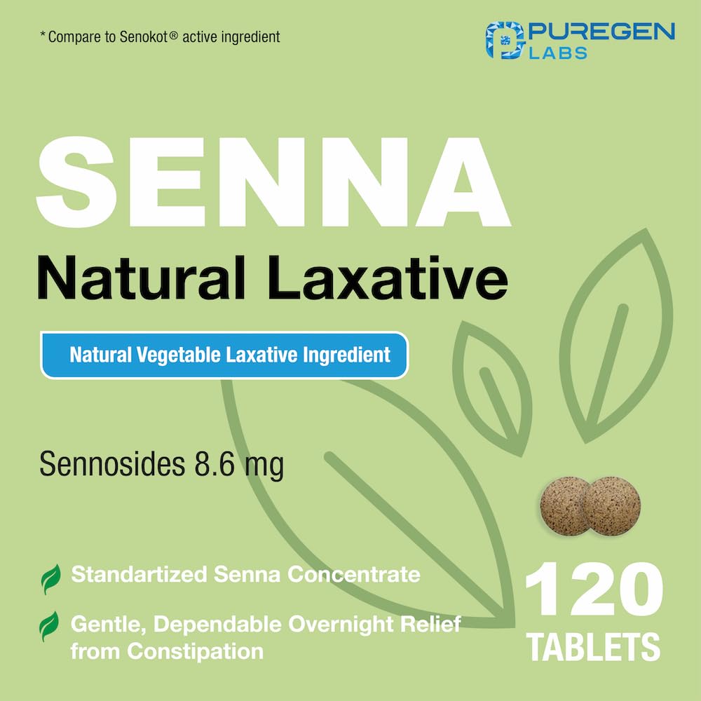 Puregen Labs Senna 8.6 mg Tablets (120 Count) – Natural Sennosides Vegetable Laxative for Constipation, Bloating, Gas, Irregularity Relief