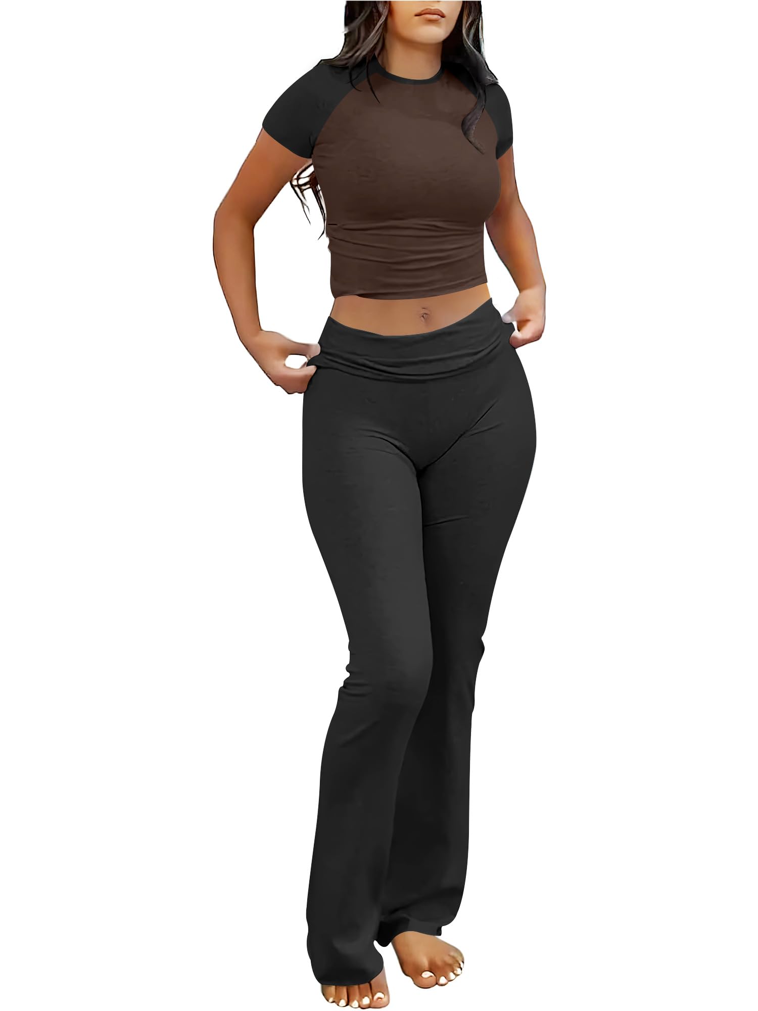 ANRABESS 2 Piece Lounge sets for Women | Soft Comfy Stretchy, Crop Top & Foldover Flare Leggings, Yoga Workout Matching Outfits, Trendy Y2k, Summer Wear Fall Layer