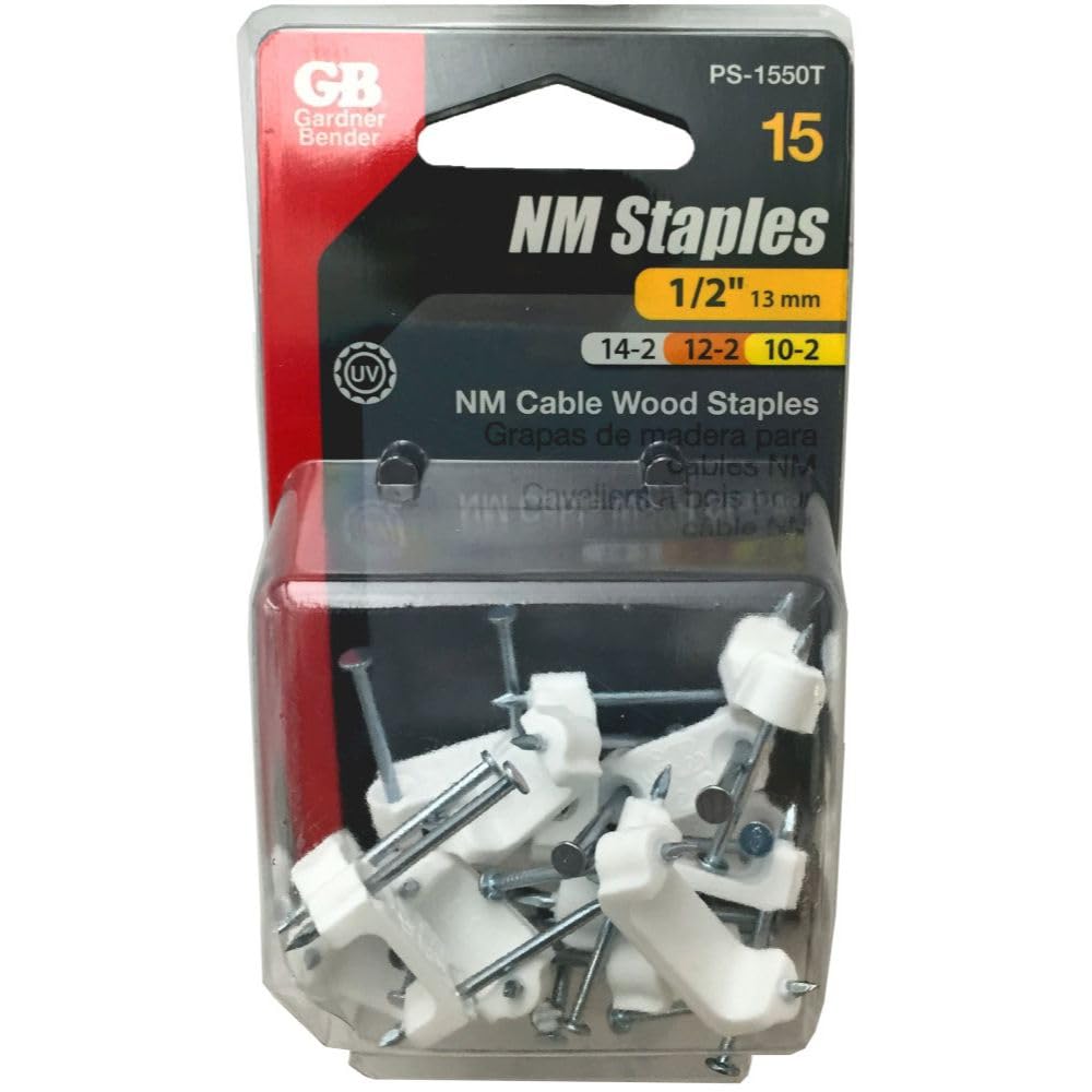 Gardner Bender PS-150Z Plastic Staple, ½ Inch., Secures Romex, UF & (NM) Non-Metalic Cable, Polyethylene - UV Resistant, Splinter Free, Application: 14/2, 12/2, 10/2 (NM) Non-Metalic Cable, 100 Pk., White