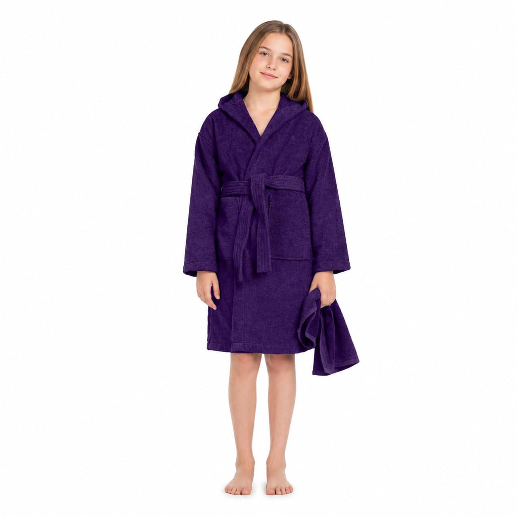 ALLEN & MATE 100% COTTON Hooded Kids Bathrobe – Soft, Medium Weight Absorbent Bath Towel Robe for Boys & Girls, 6-15 Years