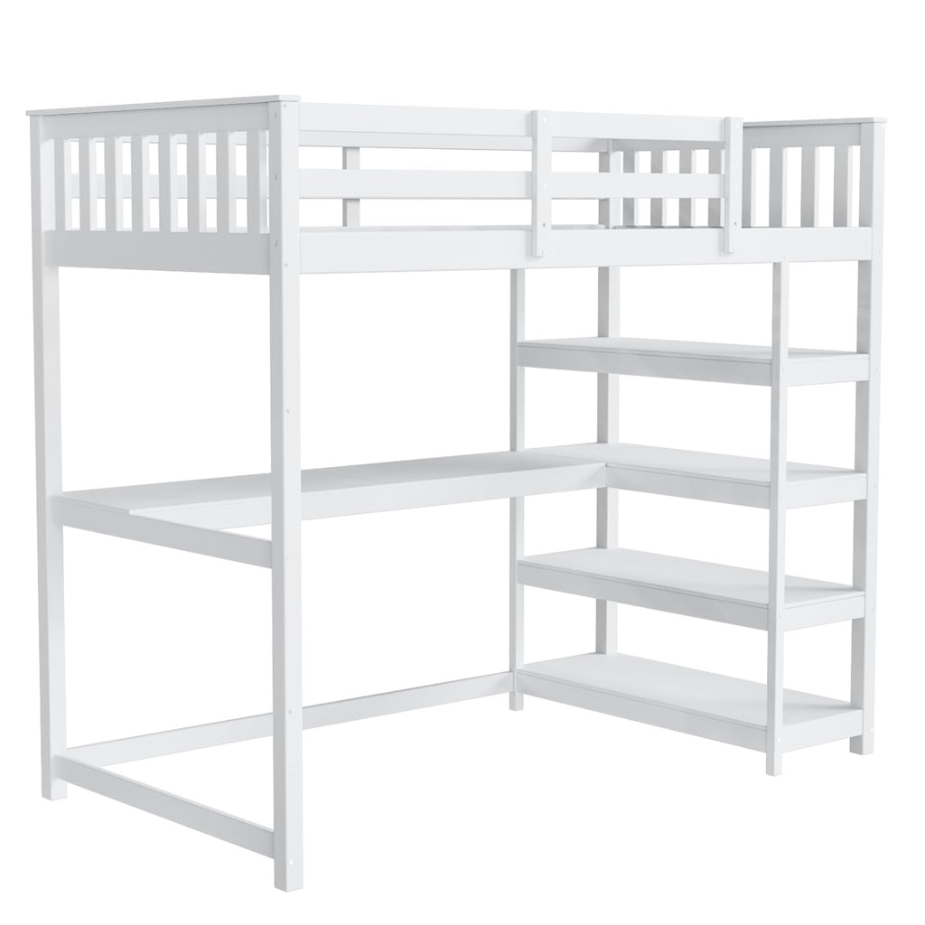 JOYMOR Low Loft Bed Twin Size with LED Lights, 4 Storage Shelves, Removable Curtain, Kids Wood Loft Bed with 15" H Safety Guardrail, Spave Saving, Mattress Not Included (Gray)