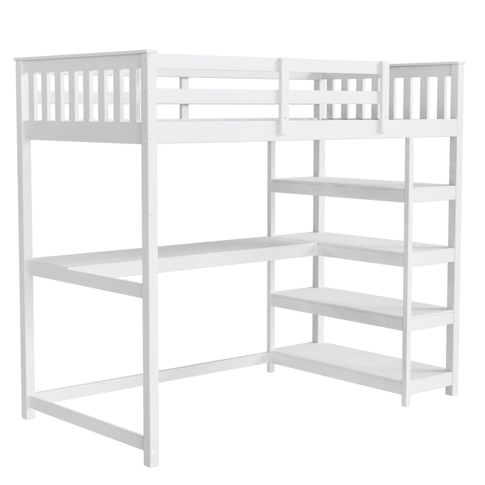 JOYMOR Low Loft Bed Twin Size with LED Lights, 4 Storage Shelves, Removable Curtain, Kids Wood Loft Bed with 15" H Safety Guardrail, Spave Saving, Mattress Not Included (Gray)