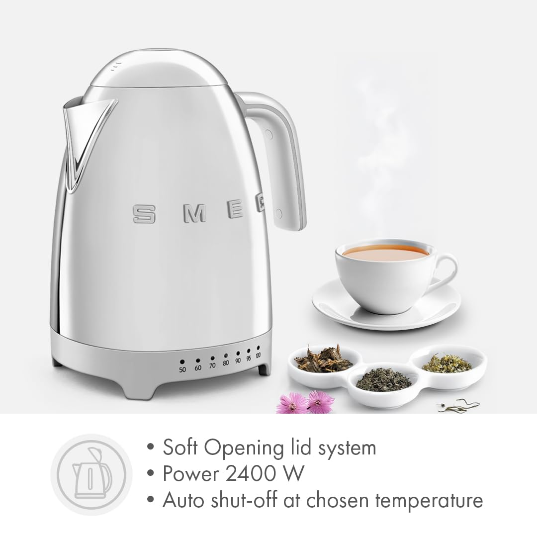 SMEG Variable Temperature Electric Kettle 1.7L (7 Cup), Stainless Steel Tea & Coffee Kettle, Fast Boil, Adjustable Temp 122°F–212°F, Keep Warm, Auto Shut-Off, 360° Base, Retro Style-Black