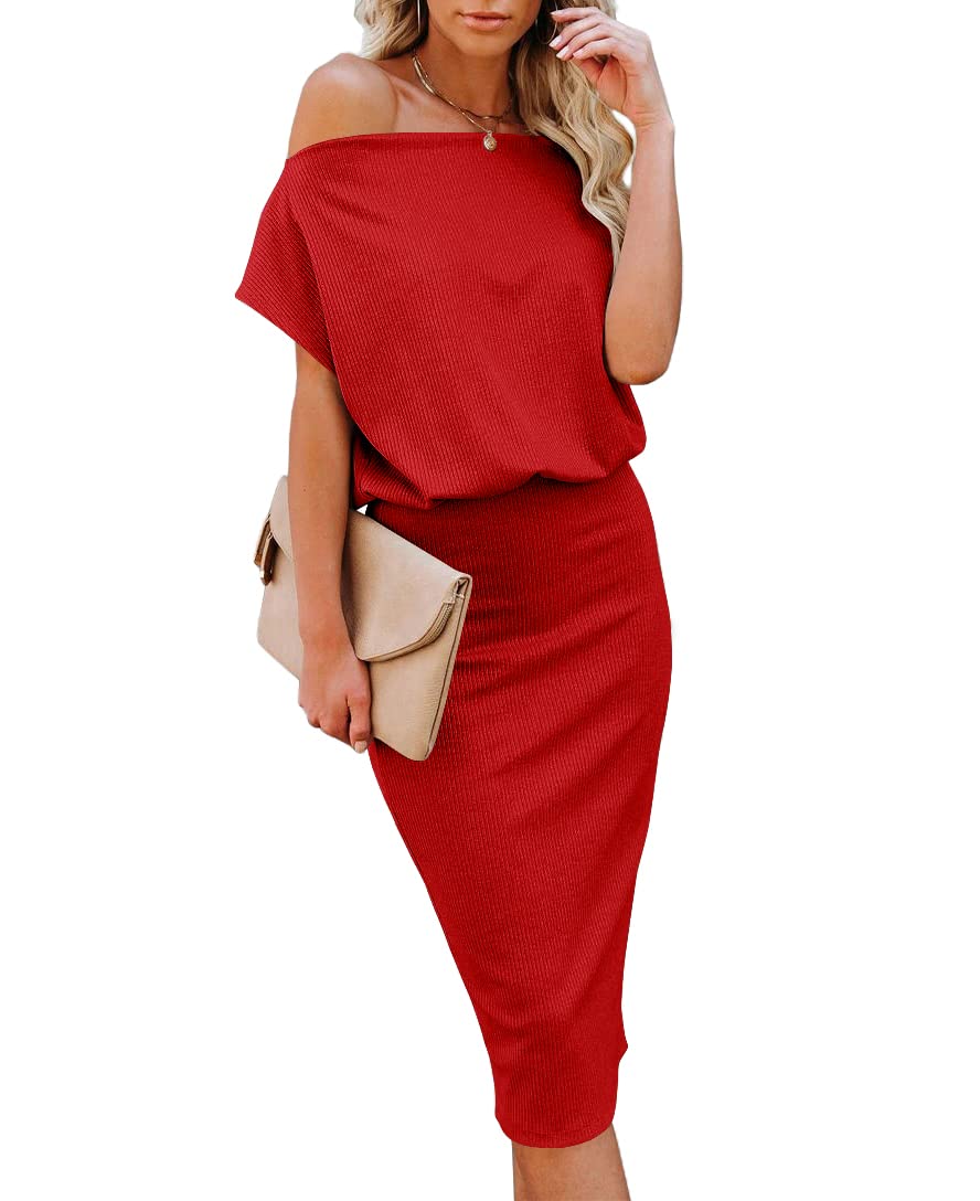 EZBELLE Women's Summer Dress Off The Shoulder Short Sleeve Ribbed Casual Party Bodycon Midi Dresses