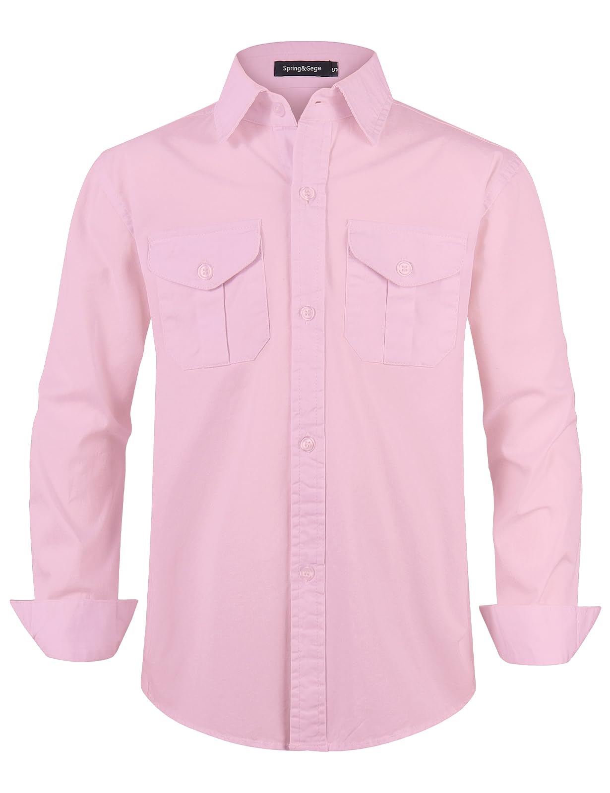 Spring&Gege Boys' Long Sleeve Button Down Shirt for Kids Woven Solid Two Pockets