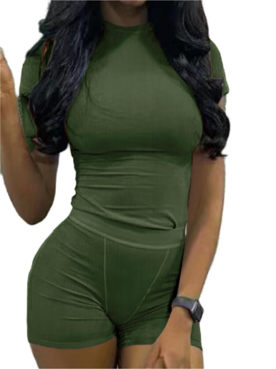 AYWA Two Piece Outfits for Women Fitted Crew Neck T-shirt High Waist Leggings Biker Shorts Matching Sets Streetwear