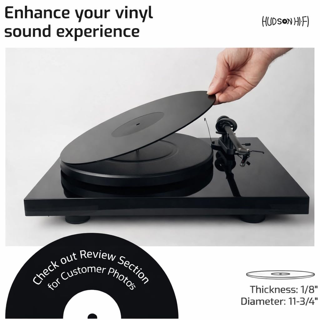 Hudson Hi-Fi Acrylic Turntable Mat – 11.75” Anti-Static Turntable Slipmat with Label Recess – 1/8” Thick Acrylic Platter Mat for Vinyl LP Record Players – Black