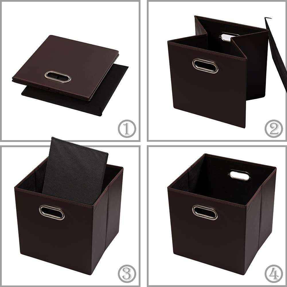 PRANDOM Leather Foldable Cube Storage Bins 11x11 inch [4-Pack] Fabric Storage Baskets Cubes Drawer with Cotton Handles Organizer for Shelves Nursery Closet Bedroom Clothes Black