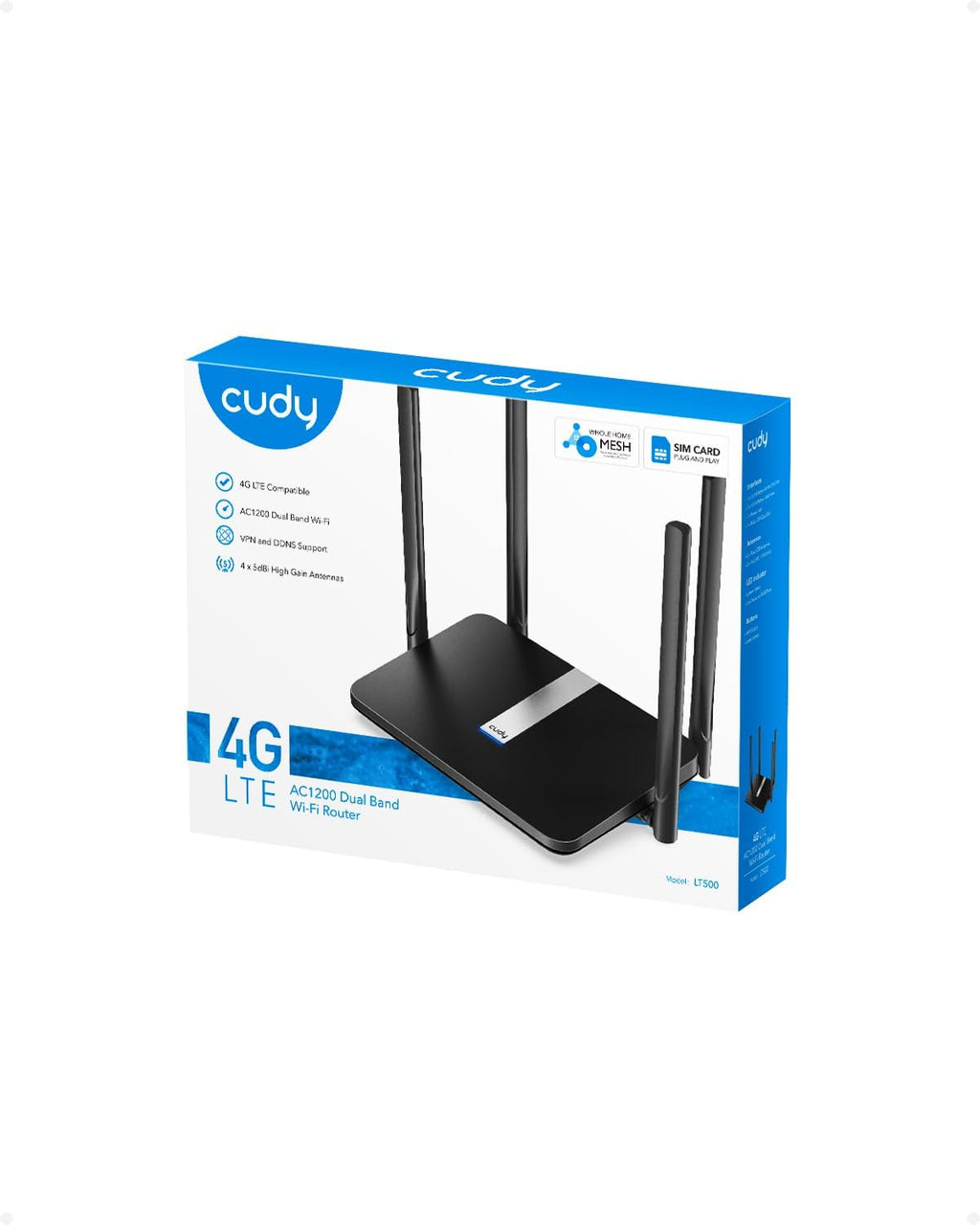 Cudy 4G LTE Cat 4 AC1200 Wi-Fi 5 Router, Nano SIM, 4 Ports, VPN, LT500 | 150Mbps Max DL, Connect 50 Devices, 427ft Wireless Range, FDD/TDD/WCDMA, WPA3, MU-MIMO, Mesh Node, Beamforming, Plug and Play