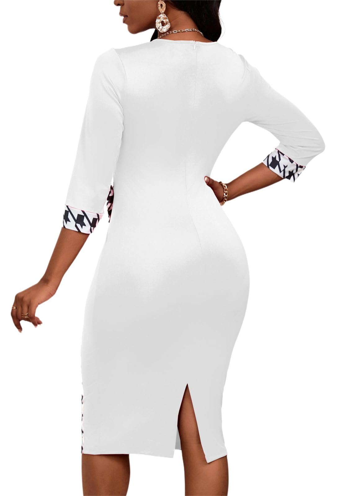 PerZeal Women's 3/4 Sleeve Round Neck Casual Houndstooth Bodycon Wear to Work Pencil Sheath Midi Dresses