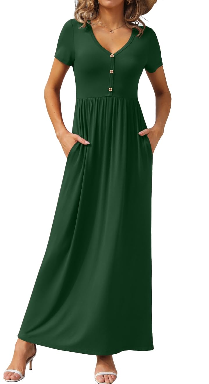 GRECERELLE Womens Summer Long Maxi Dresses 2026 Short Sleeve V Neck Casual Button Dress with Pockets