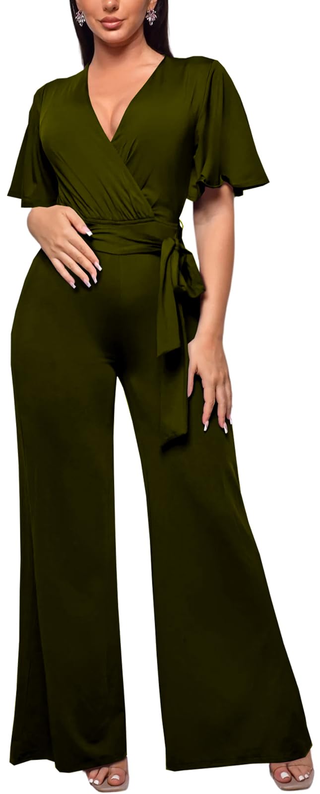 PaladMom Womens Elegant Plus Size Jumpsuits Sexy Back zipper Short Sleeve Mid Waist Wide Leg Straight Rompers