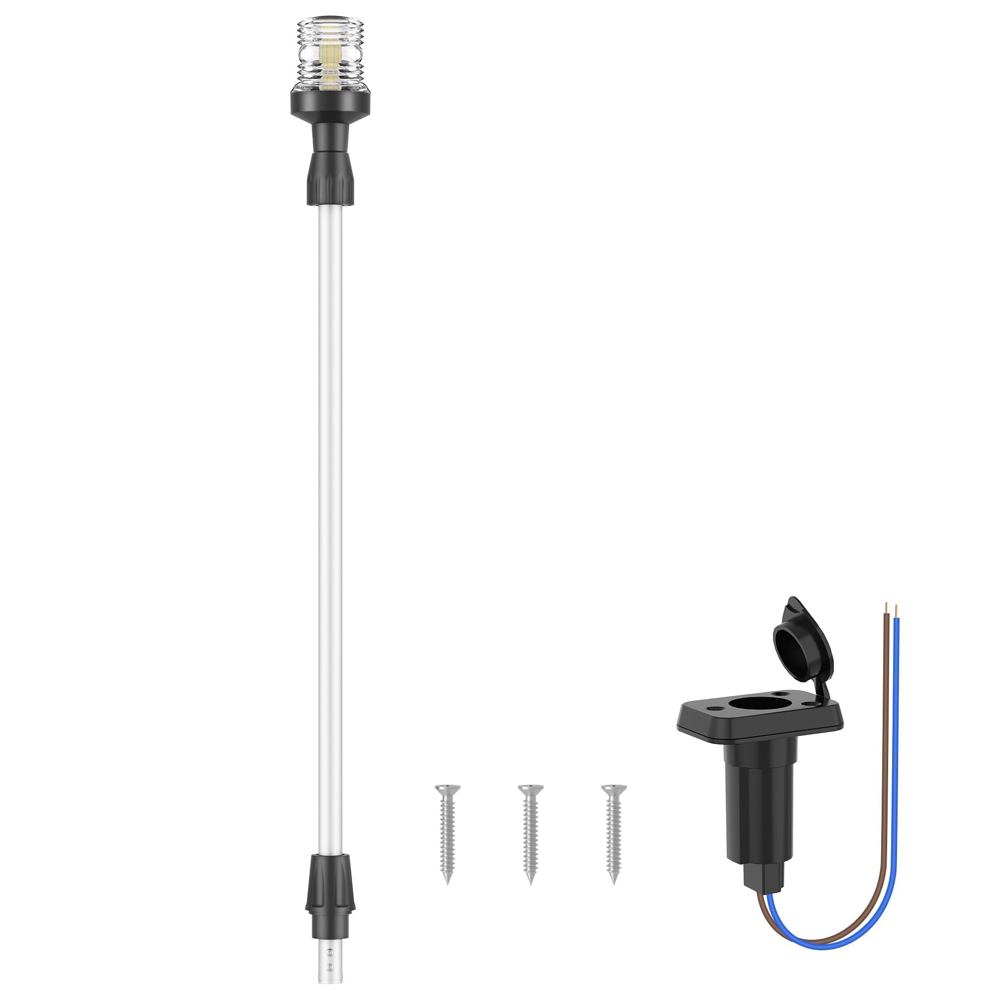 Obcursco Boat Stern Lights, Telescoping Pole 27"-48" LED Anchor Light with Base, 12V Adjustable 3NM 360° Navigation Lighting for Pontoon, Yacht, Bass, and Fishing Boats (27"-48", Black)